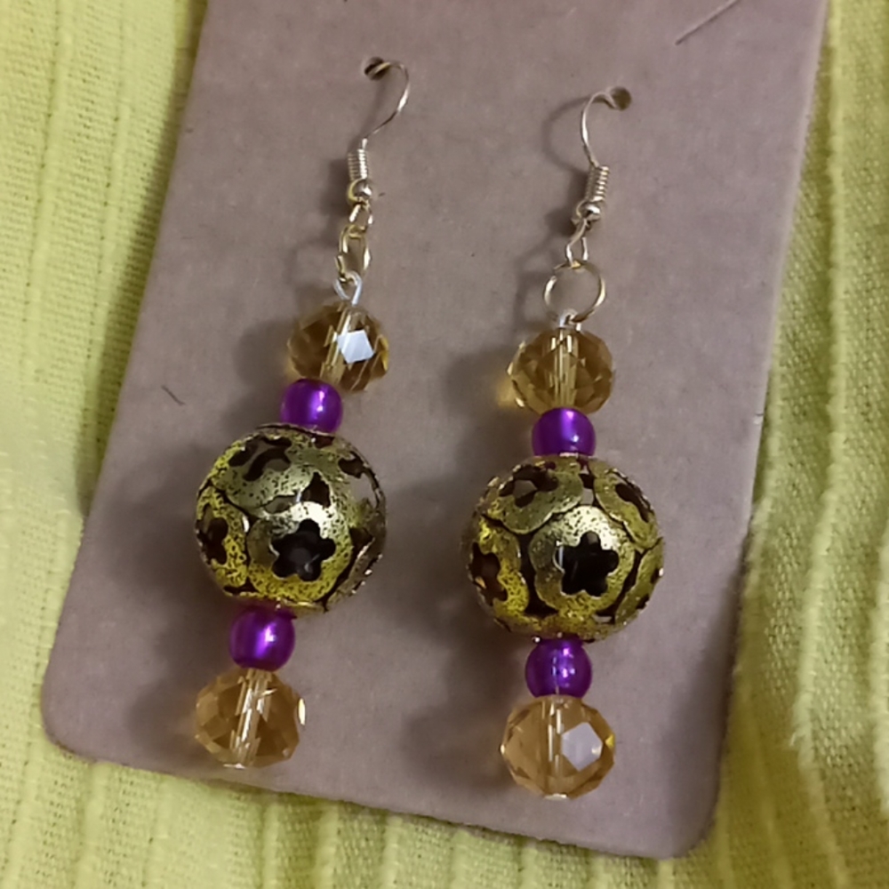 Boho gold plated purple and crystal statement earrings hand crafted